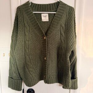 Abercrombie & Fitch Cardigan Sweater Size Large Green Cable Chunky Knit Grandpa